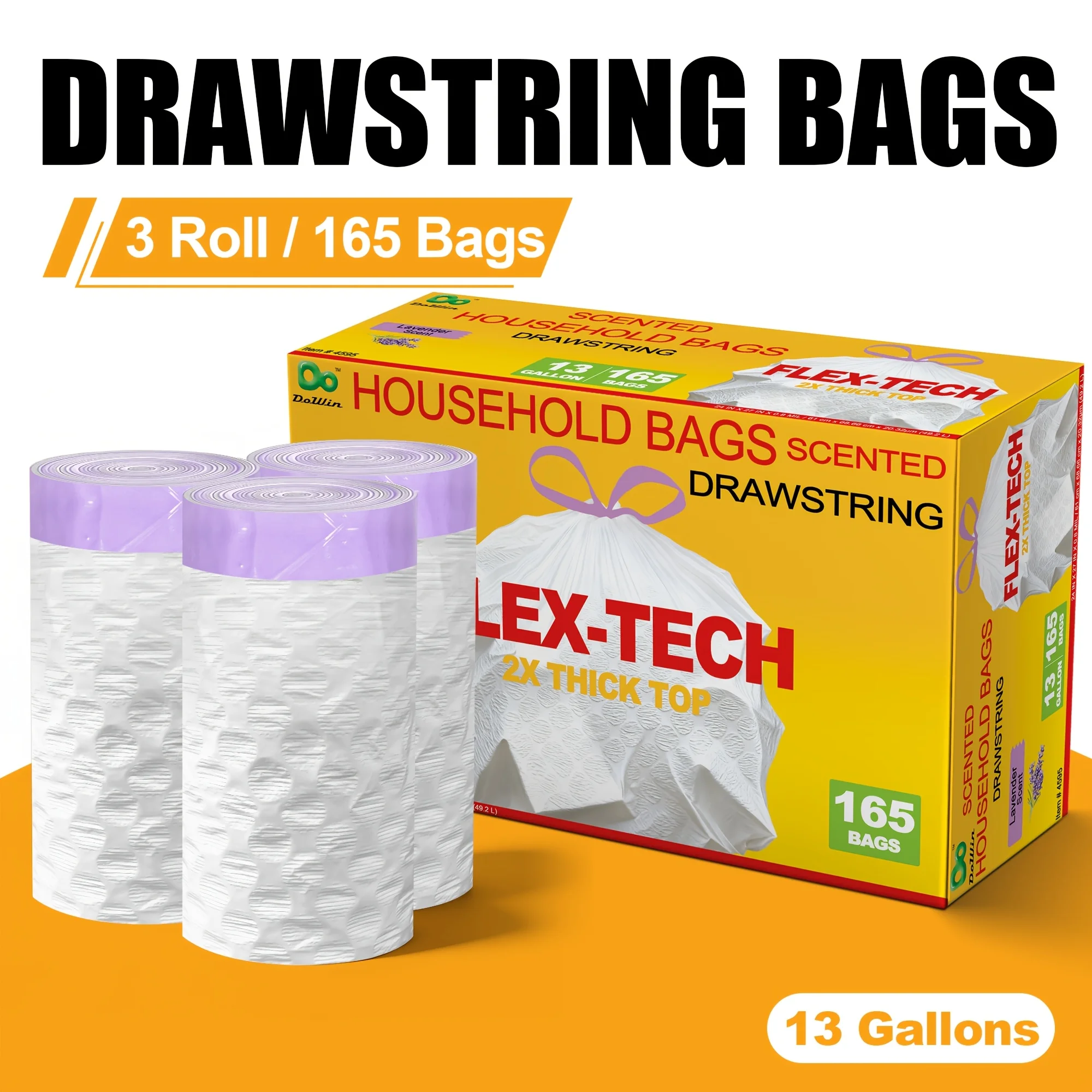 

13 Gallon Lavender Scented Drawstring Trash Bags, Odor Neutralizing Household Garbage Bags, Flex-Tech 2X Reinforced Thick Top Ki