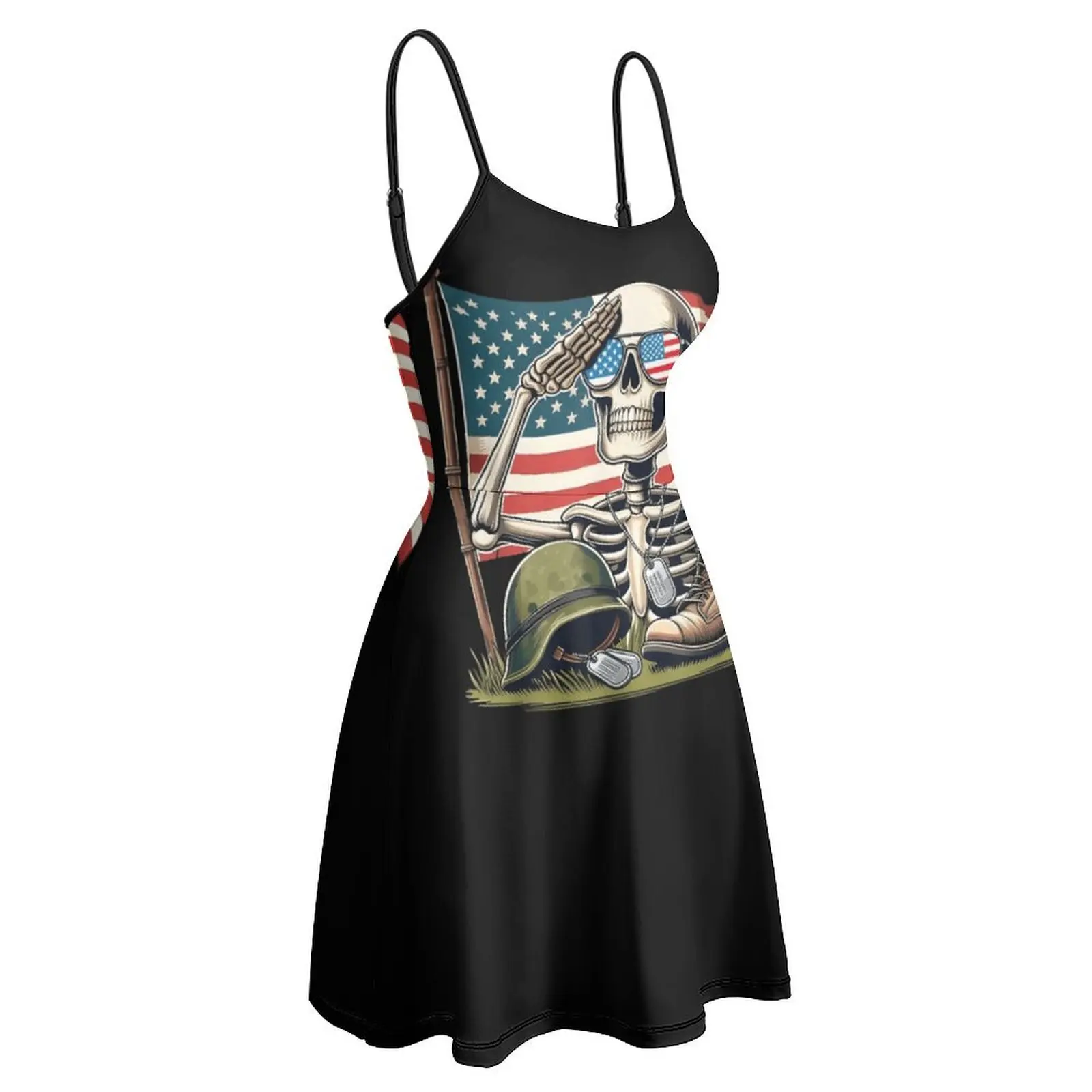 

Exotic Patriotic Skeleton Salute Women's Sling Dress Humor Graphic Vacations Woman's Gown Strappy Dress Novelty