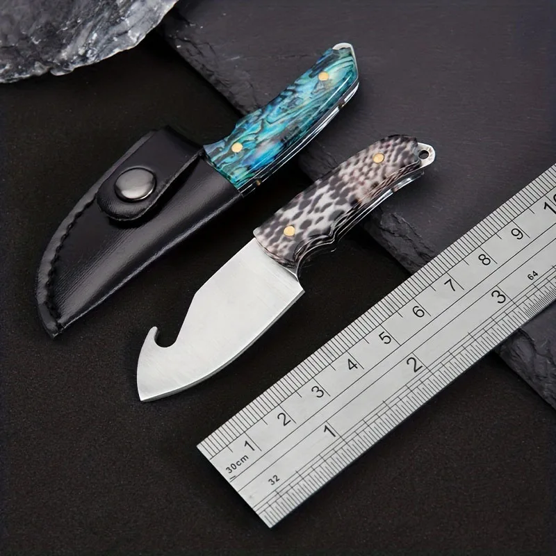 Mini Resin Patterned Handle Knife Bottle Opener Portable Outdoor Keychain Gift Knife Unboxing Knife with Leather Cover