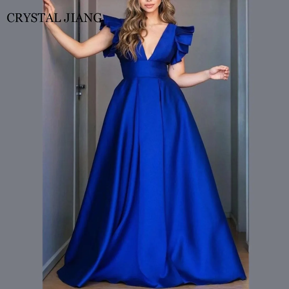 

Vintage Long Blue V Neck Satin Evening Dresses Sleeveless A Line Floor Length فستان سهره Party Gowns for Women