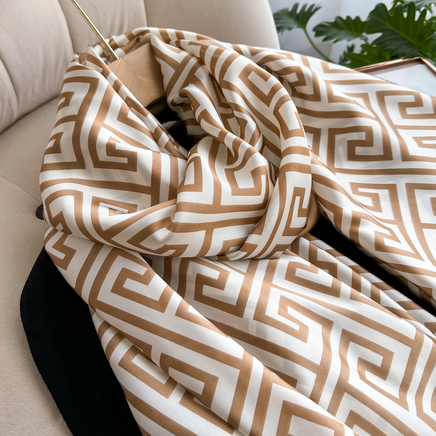 New Geometry Design Large Silk Soft Scarf Women Stylish Print Long Shawl Handkerchief Summer Sun Protection Elegant Travel Wrap