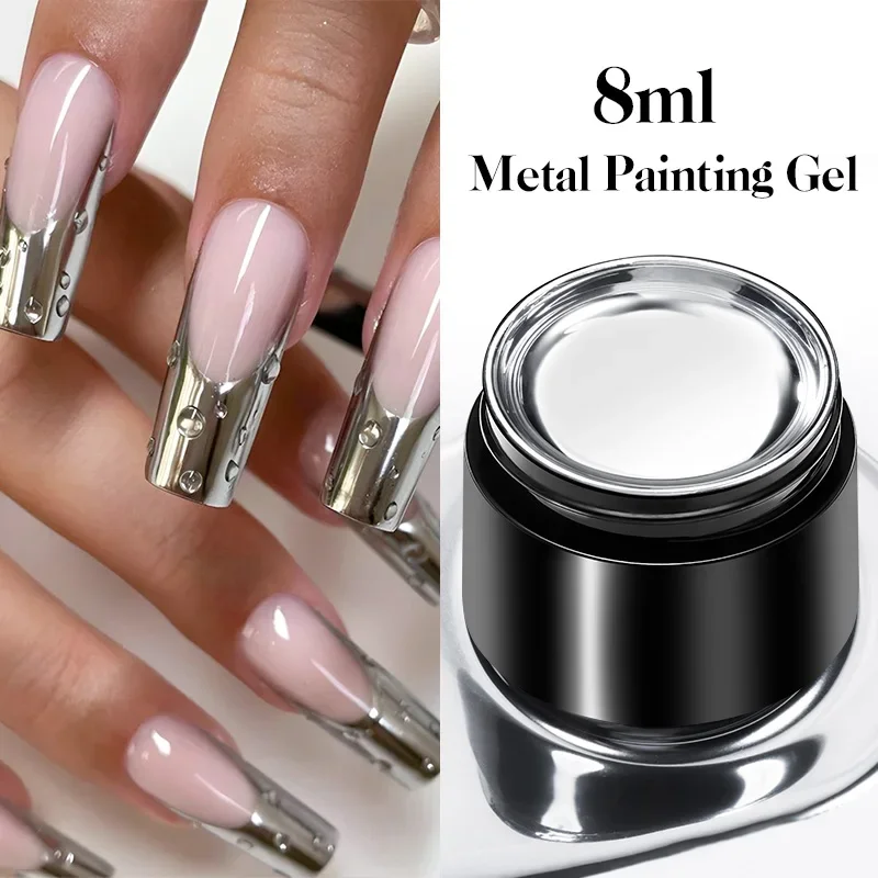 8ml Metallic Painting Gel Nail Polish Chrome Silver Mirror Effect Super Bright Drawing Line French Nail Art Gel Varnish DIY Nail