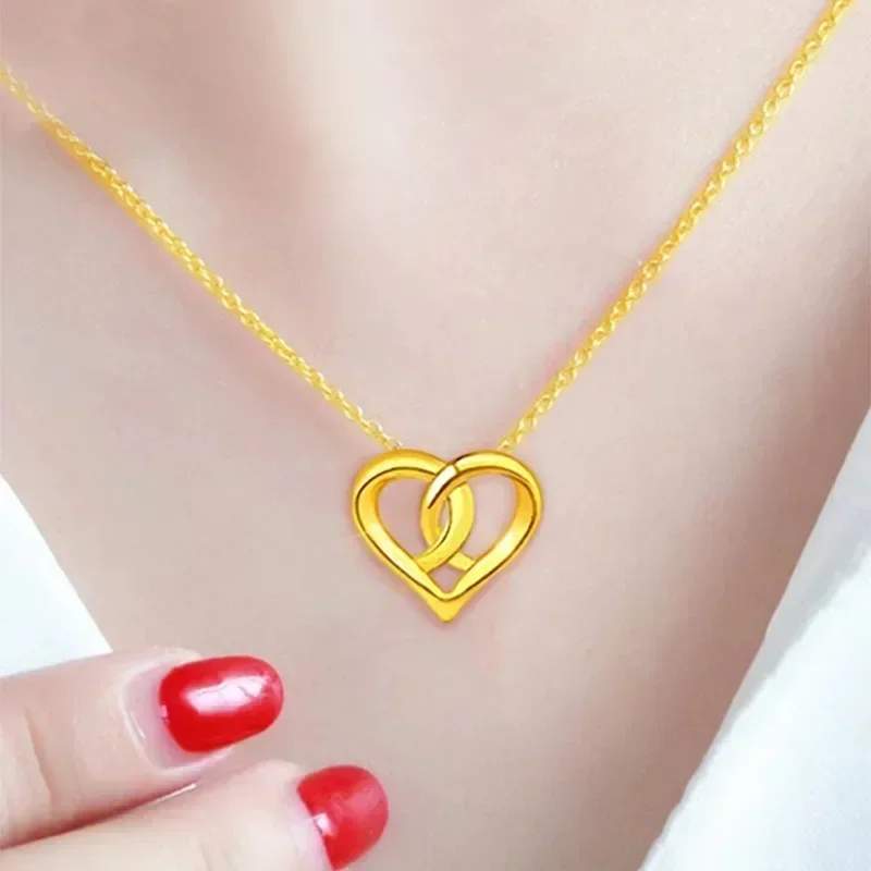 

24K Yellow Gold Double-ring Love Pendant Necklace, 999 Real Gold Women's Niche Design High-grade Clavicle Chain Birthday Gift