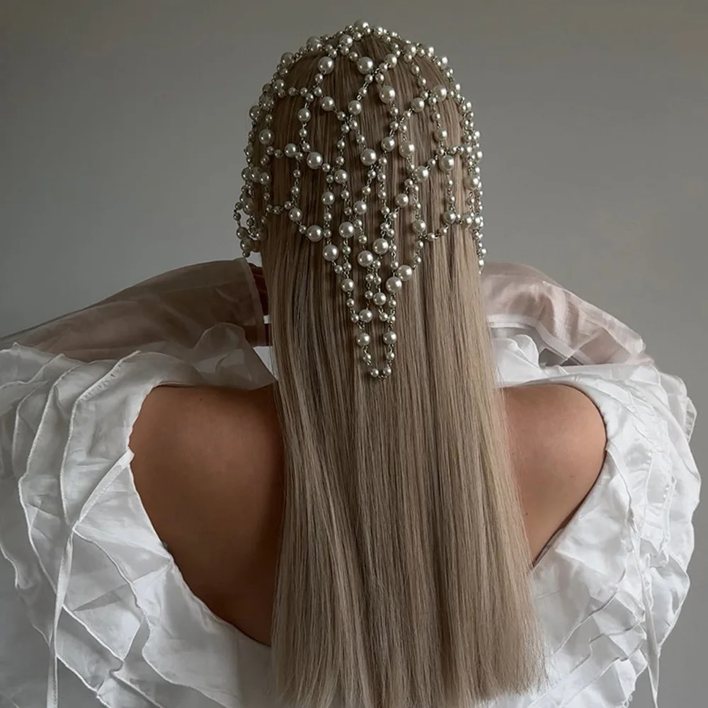 

Romantic Cute Fairy Style Hot Sale High End Pearl Hair Chain Luxury Hair Jewelry Bridal Wedding Elegant Evening Party Headdress