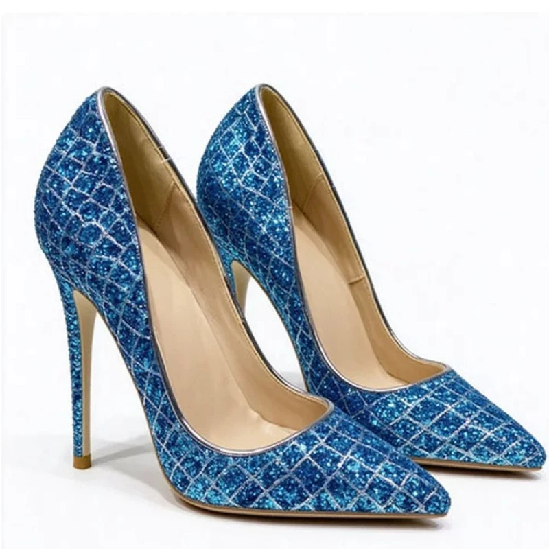 Womens 12cm High Heels Blue Sequin Pointed Toe Slip on Stiletto Pumps Nightclub Party Shoes Big Size