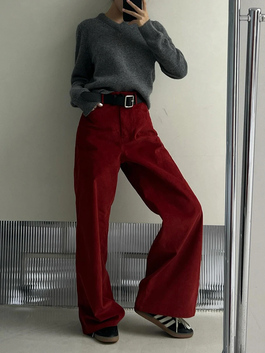 ReddaChic Women's Velvet Wide Pants New Year Party Vintage Red Plain Clean Fit High Waist Trousers Work Casual Everyday Wear
