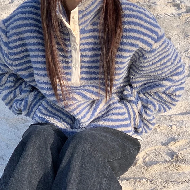 الكورية الصوف مخطط البلوز المرأة Harajuku Y2K كم طويل معطف دافئ رقيق فضفاض عادية الشارع سترة الموضة