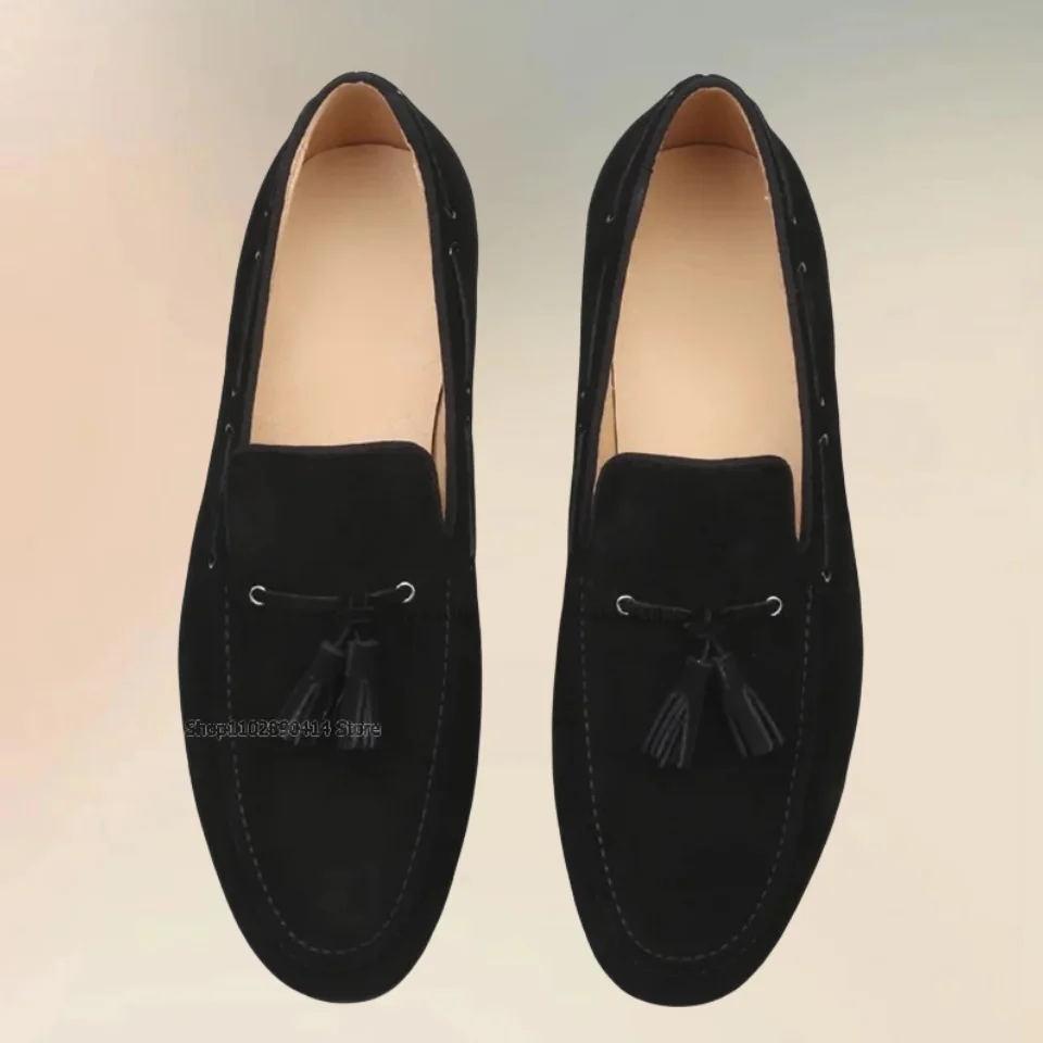 

Tassels Decor Black Side Strappy Flock Loafers Fashion Comfort Slip On Men Shoes Novel Handcraft Runway Party Men Casual Shoes