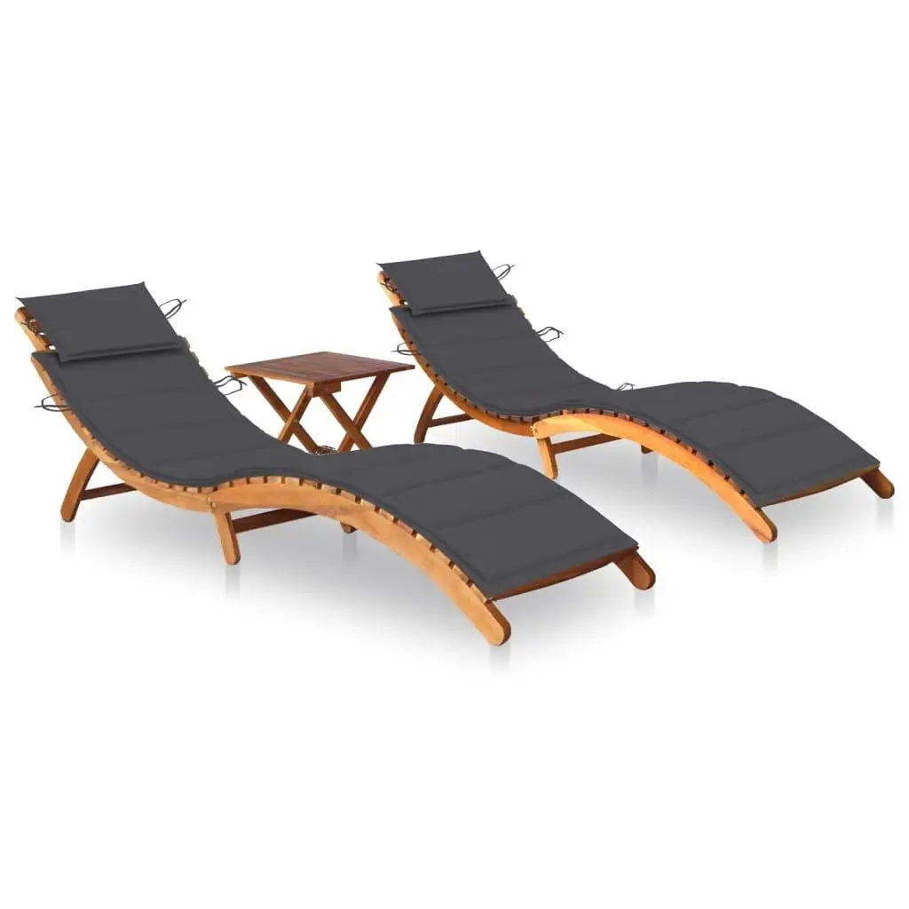 2-Piece Sun Loungers Set with Table & Cushions - Solid Acacia Wood Outdoor Furniture