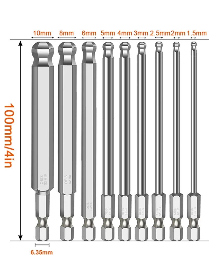 Ball End Hex Screwdriver Bits Set Metric Allen Hex Bit 100mm Long Magnetic Ball Head Driver Bit