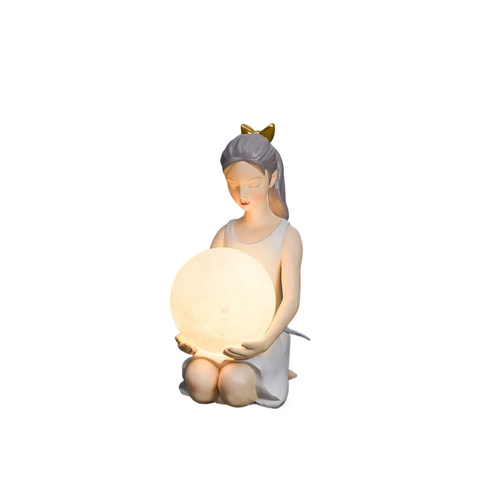 

Modern cute home decoration nordic desk lamp resin girl statue room night light