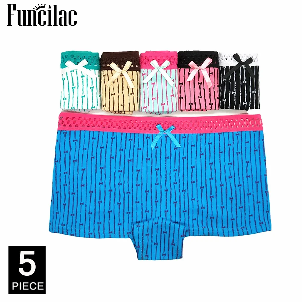 FUNCILAC Boxer for Woman Cotton Sexy Panties Kawaii Ladies Boyshort ButterflyPrint Underwear Briefs Bow Girls Knickers 5 Pcs/Lot