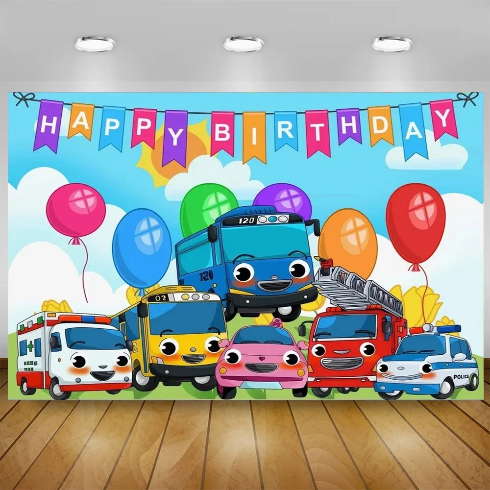 Cartoon The Tayoes Little Bus Theme Kid Birthday Party Boys Newborn Kid 1st Background Toy Bus Station Banner Photo Studio Props