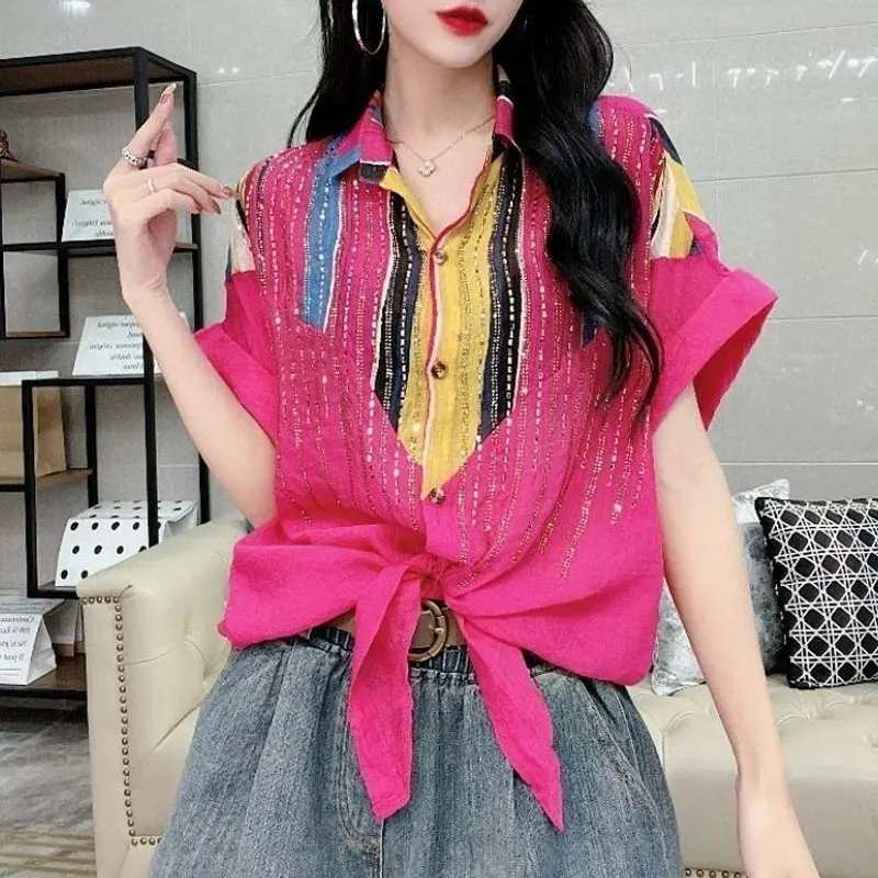 Office Lady Stylish Striped Patchwork Blouse Summer Elegant Bandage Bow Casual Lapel Single-breasted Female Chic Diamonds Shirt