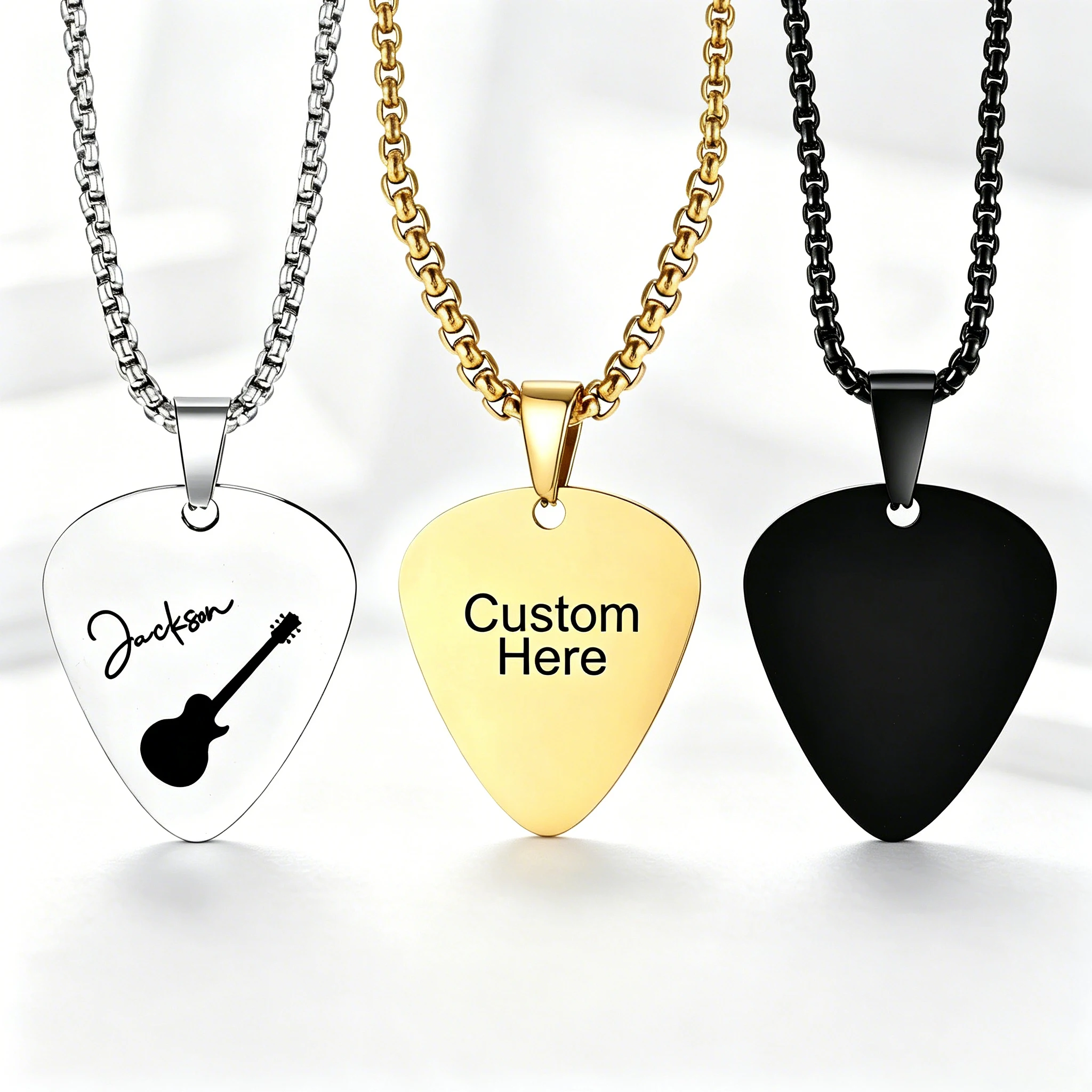 

Free Personalized Name Guitar Picks Necklaces for Men Women Custom Guitar Plectrum Pendant with Box Chain Music Lovers Gift