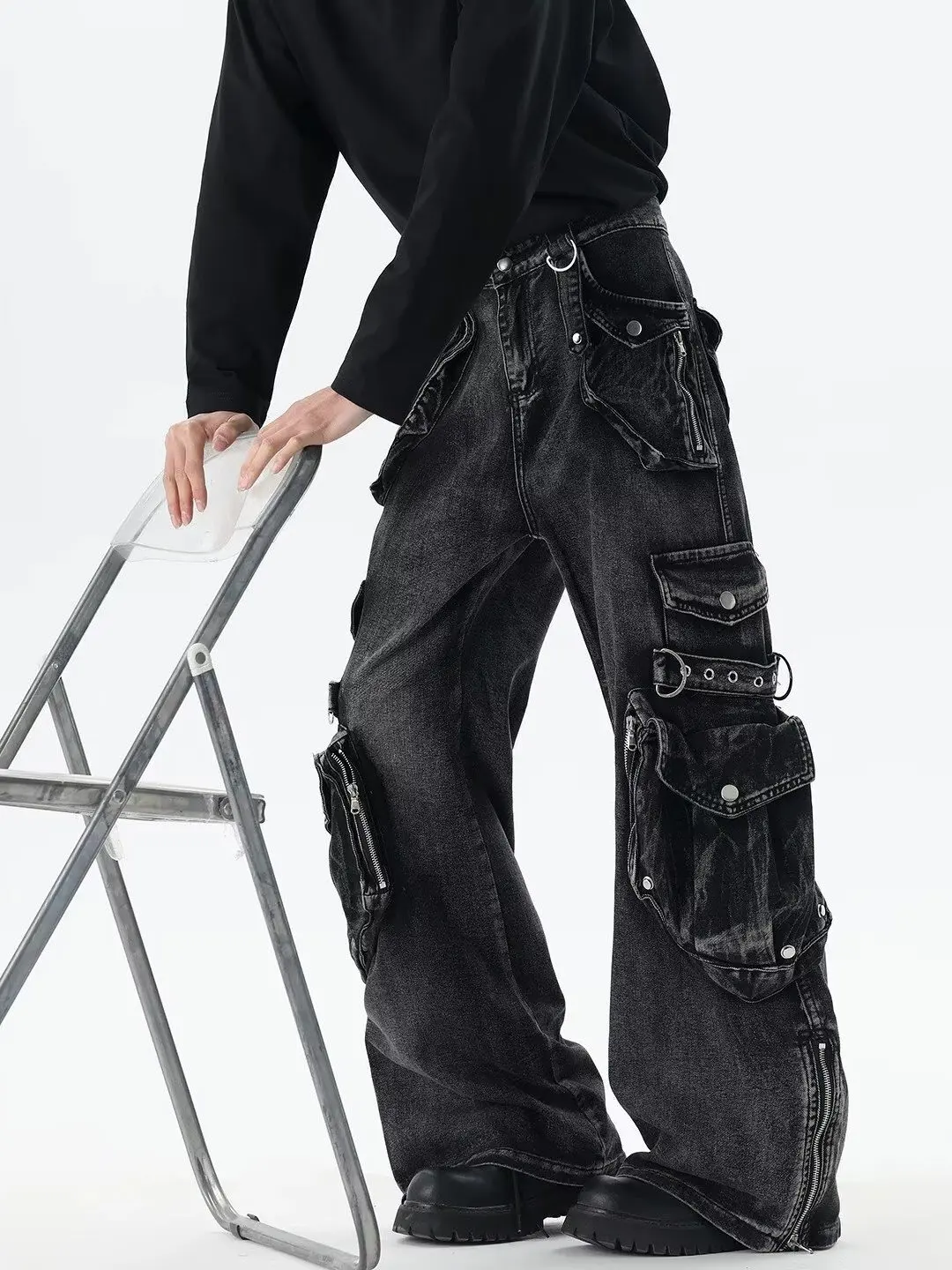 American High Street Heavy Duty Washed Multi Pocket Workwear Jeans Men's Bootcut Pants Long Trousers Punk Design Sensation