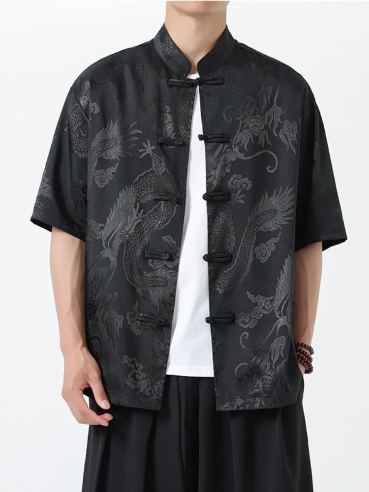 

Ice Silk ort Sve irt Men's Summer Thin Sle Chinese Hanfu New Large Size Buttoned irt Jaet Breathable Loose Fit