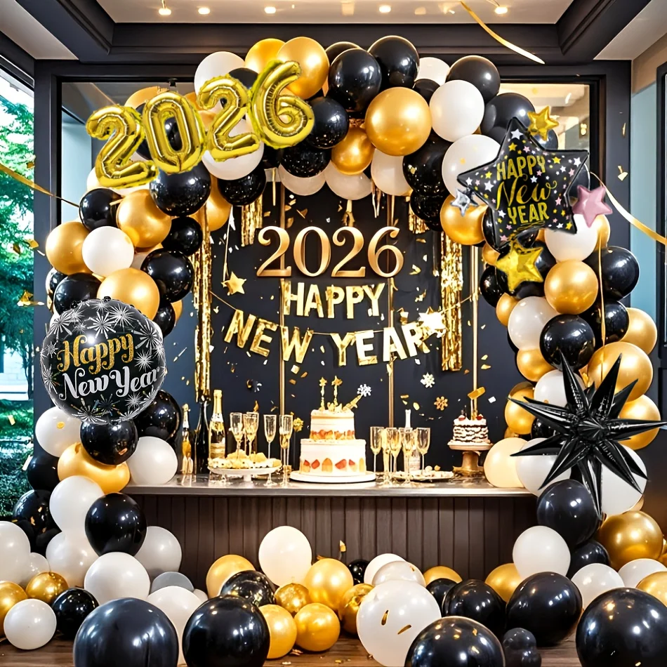 121 stücke Schwarz Goldene Neujahr Party Ballon Bogen Set 2026 Aluminium Folie Ballons Silvester Party Dekoration Festliche Lieferungen