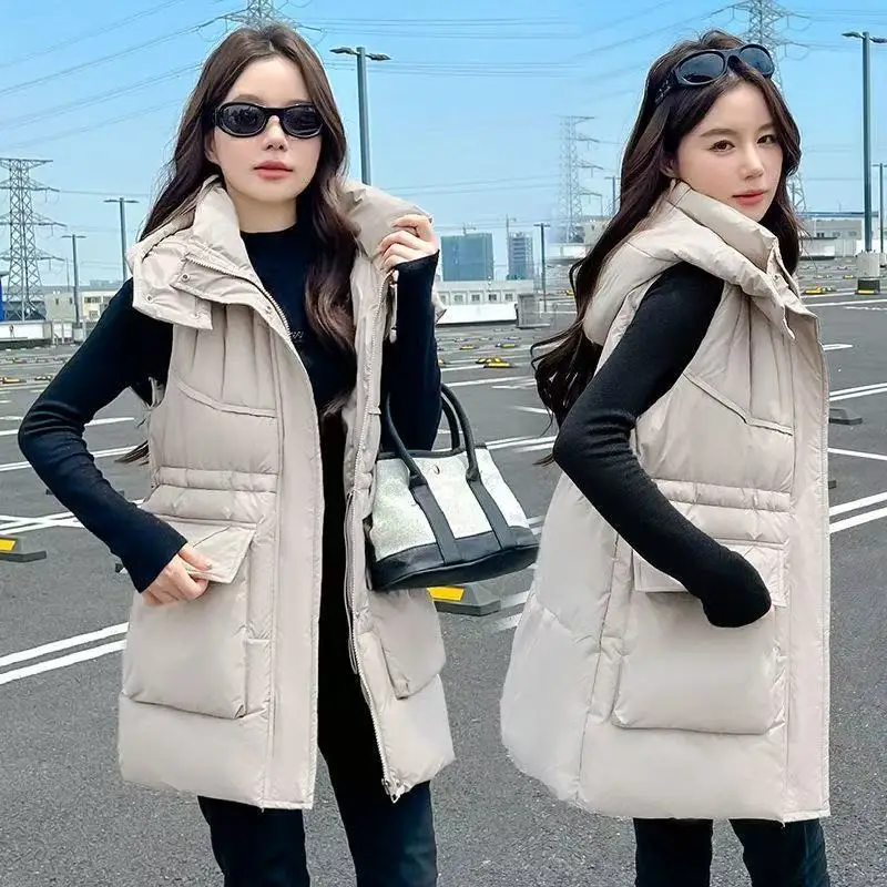 Autumn Winter New High Quality Medium Long Down Cotton Vest 2026 Women's Casual All-match Warm Waist Sleeveless Waistcoat Female