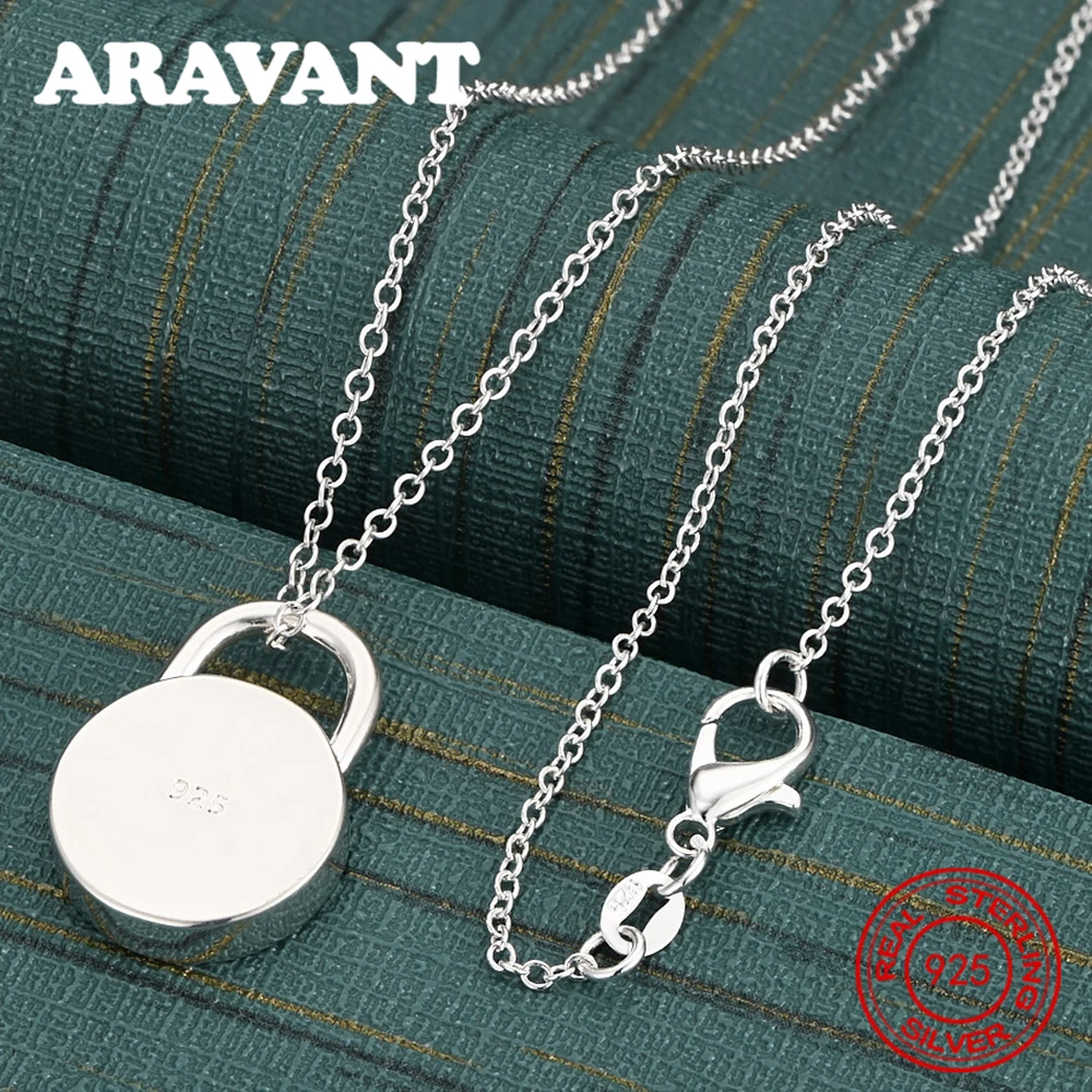925 Sterling Silver Polished Solid Round Lock Pendant Necklace For Women, Commuter Accessory, Christmas Gift Jewelry