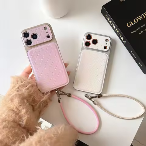 Fashion Laser Gradient Diamond Grid Pattern Pink White Faux Leather With Lanyard Phone Cover Case for iPhone 17 16 15 14 Pro Max