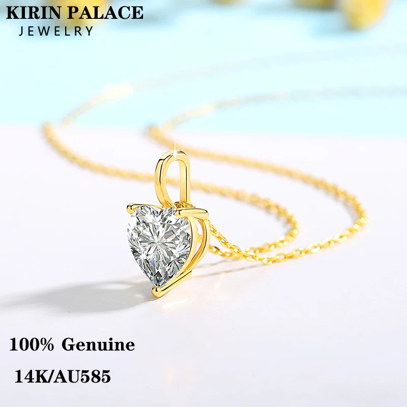 Genuine 14K Gold Heart Moissanite Necklace 1CT/2CT/3CT AU585 Pendant Classic for Women Anniversary Party Gift Trendy Jewelry