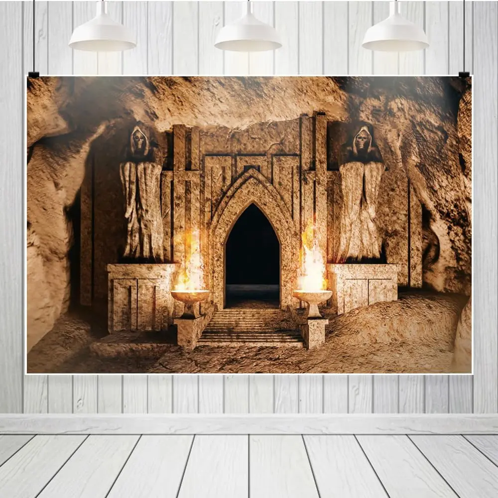 Ancient Temple Photography Backdrop Old Underground Cave Background Burning Torches Medieval Castle Dungeon for Halloween Party