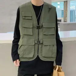 Harajuku Men Vest Jacket Japanese Style Solid Color Cargo All Match Sleeveless Thin Cargo Waistcoat Sleeveless Jacket Coat