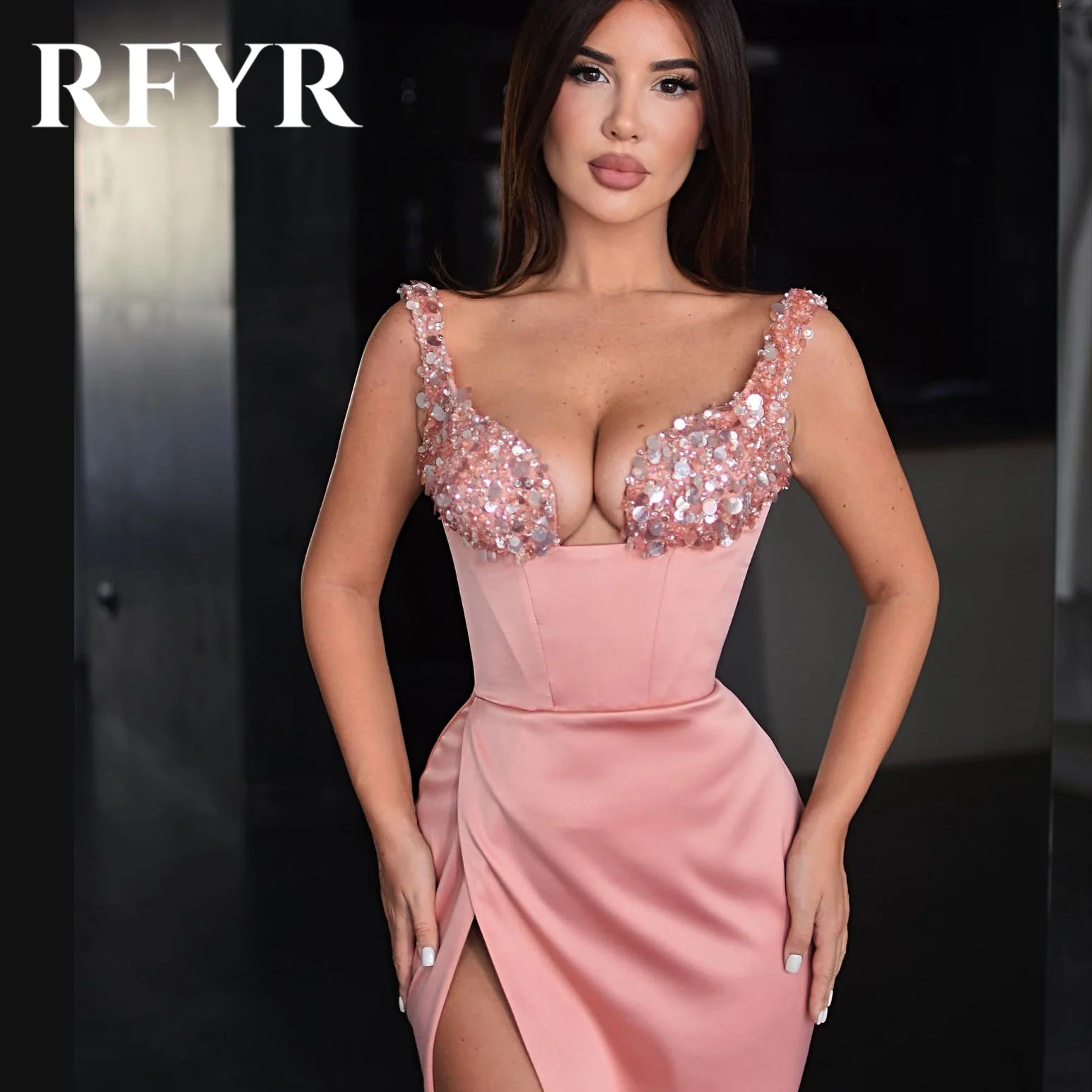 RFYR Elegant Champange Shiny Prom Dress Sequined Satin   فستان سهرة  Mermaid Formal Dresses Sexy Side High Split Robe De Soiree