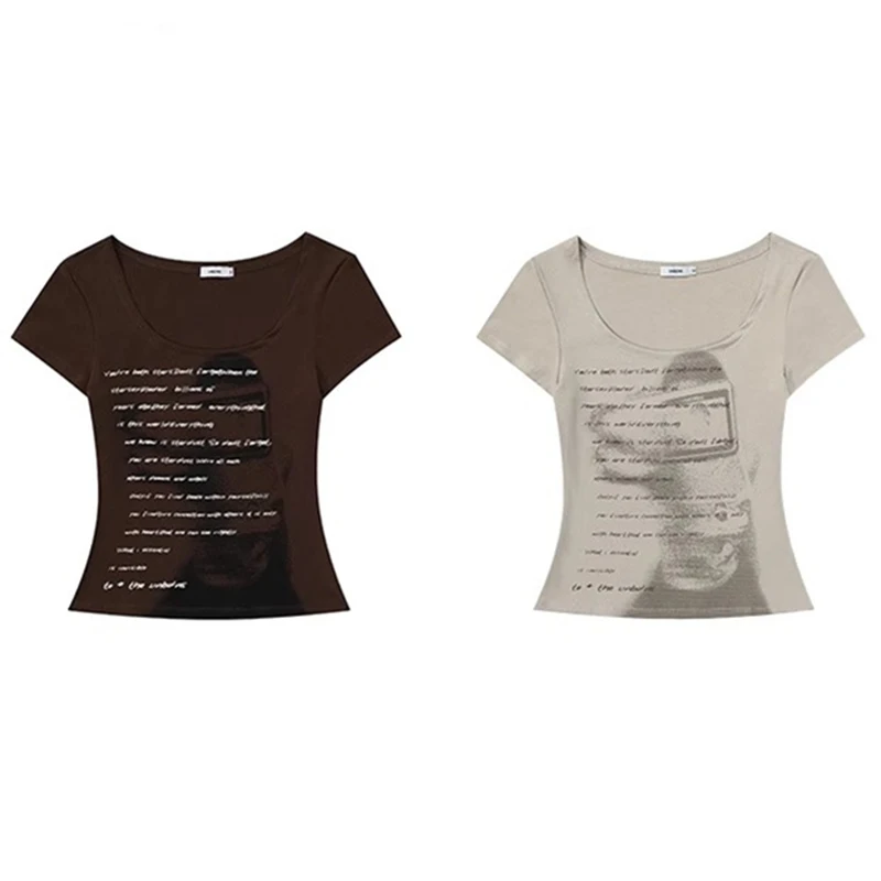 2024 Summer Women Retro Sweet Spicy Skinny Tops Lady Bean Green Casual T-Shirts Girls Letter Portrait Print Short Sleeve Clothes