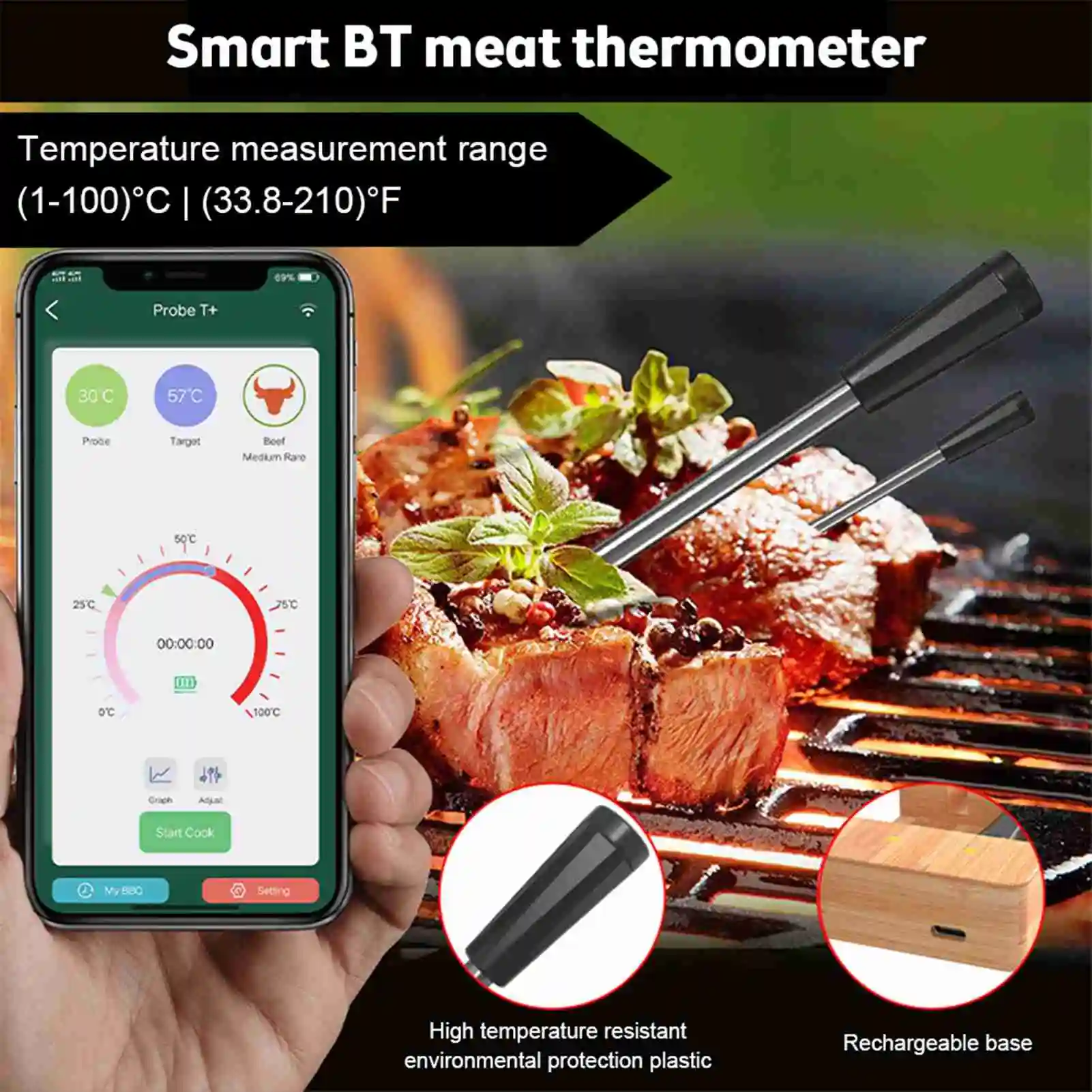 

food thermometer Barbecue Thermometer IPX7 Water Resistant Phone APP Smart Wireless Bluetooth Meat Probe Thermometer for Kitchen