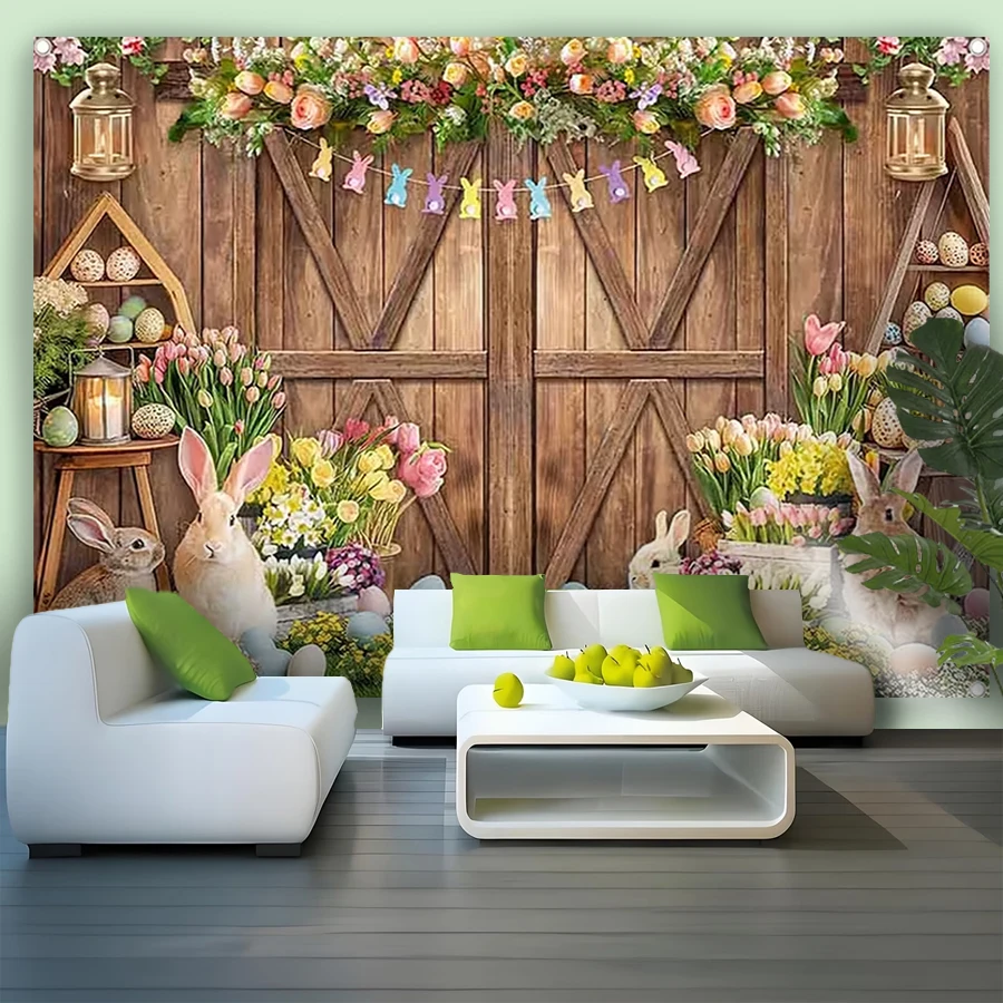 1 pièce Tapisserie murale imprimée numériquement, motif Pâques : Lapins sur porte en bois, œufs colorés, vue printanière, pour la décoration du salon et de la chambre