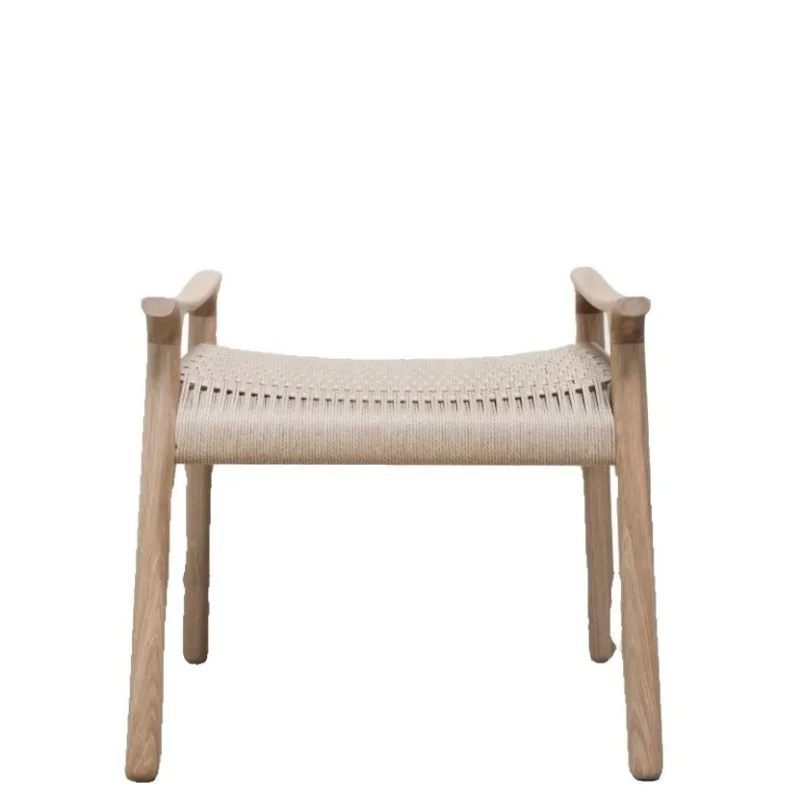 Solid wood rope woven shoe changing stool ash wood armrest rattan woven low stool without backrest