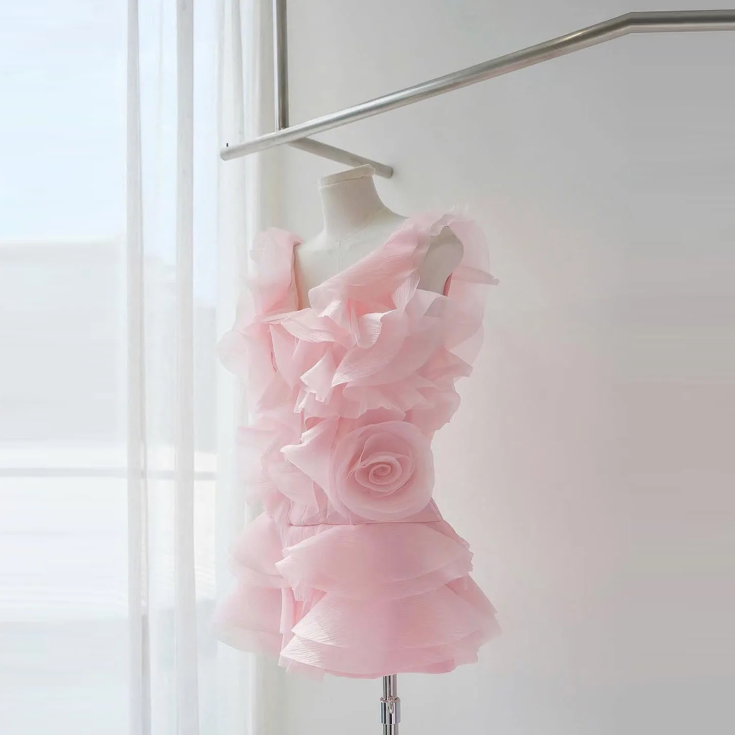 

Lovely Pink Ruffled Tulle Dress with Asymmetric Design and Rose Embellishments for Spring Summer Collection Comfortable