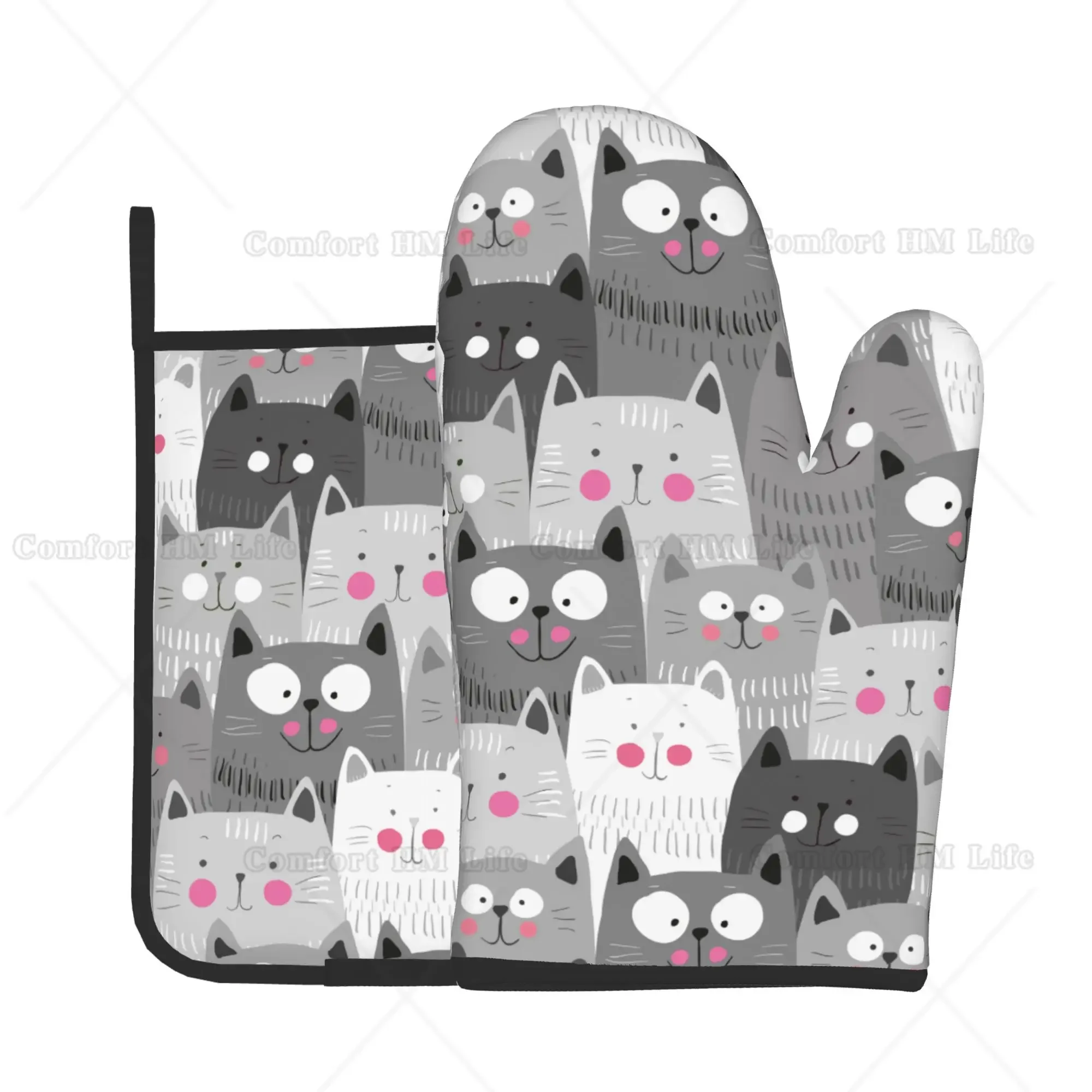 Cute Cats Oven Mitts and Pot Holders Insulated Gloves & Kitchen Counter Safe Mats for Cooking BBQ Baking Grilling 2 Pieces Set