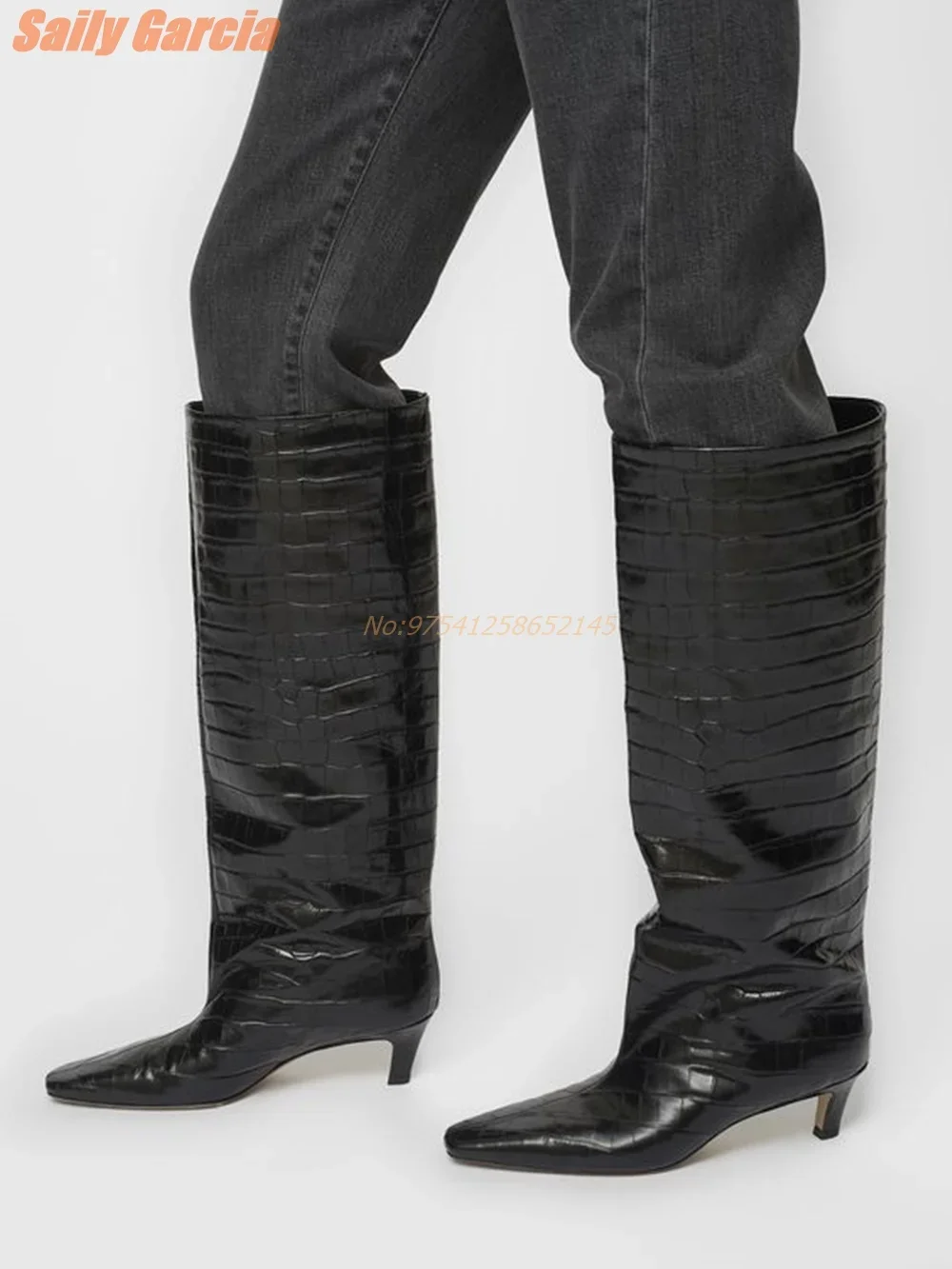 Crocodile Print Solid Boots Low Heel Long Small Square Toe Knee-High Women\\\'s Boots Black Daily Genuine Leather Fashion New