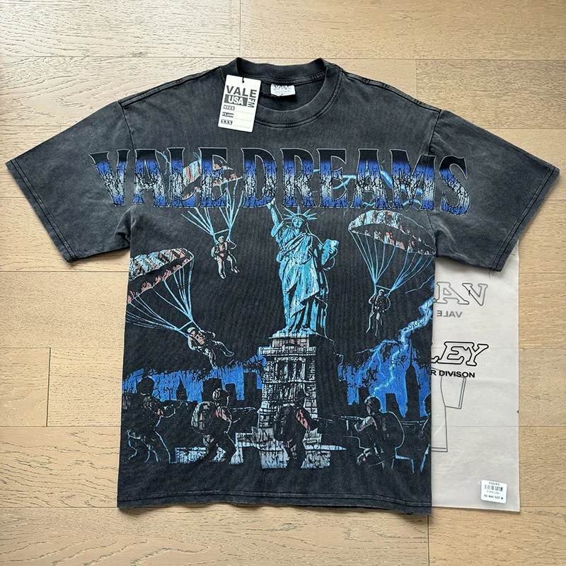 Vale Valley American Style Cotton Short Sleeve T-Shirt Vintage Washed High Quality Heavyweight Freedom Statue Print Streetwear