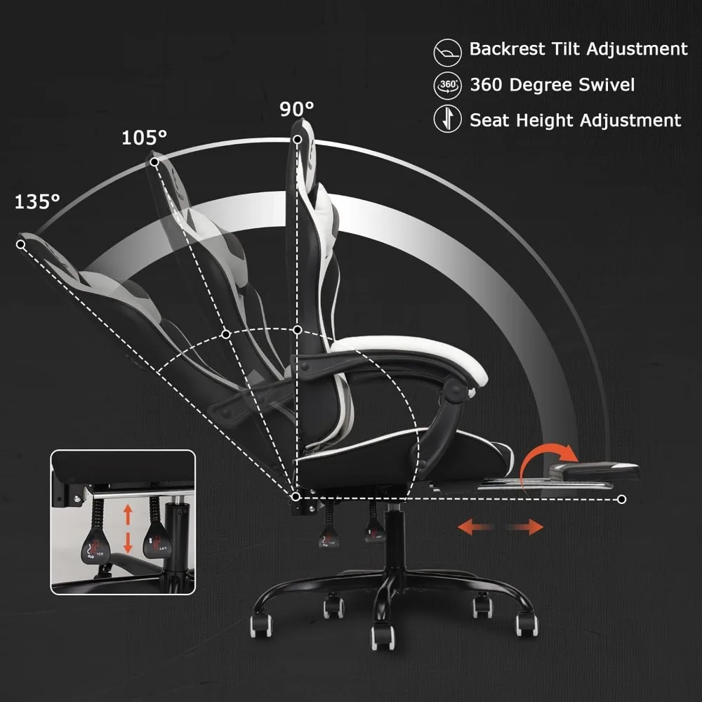 Sedia da gioco con braccioli e poggiapiedi, sedia per videogiochi con schienale alto, nero/bianco
