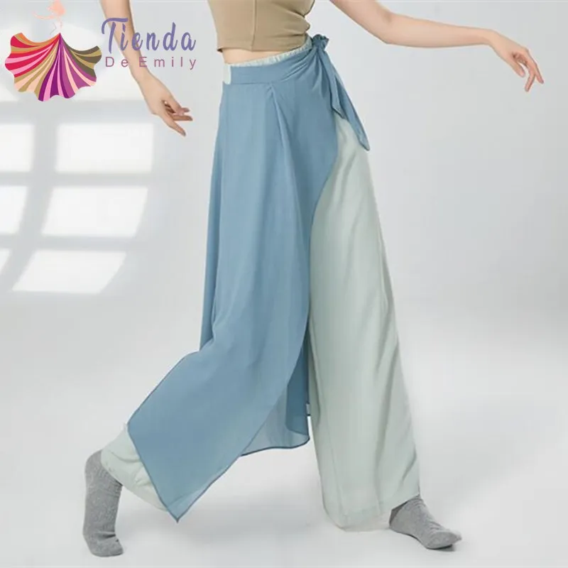 Wide Leg Skirt Pants Culottes 2 Layers Contrast Color Flowy Modern Hanfu Chinese Traditional Performance Clothes Chiffon Trouser