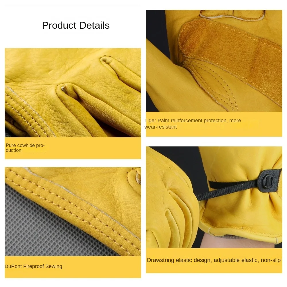 

1 Pair Durable Yellow Cowhide Gloves Heat-Resistant Soft Welding Gloves Welder Supplies Finger Guards Work Gloves Workplace