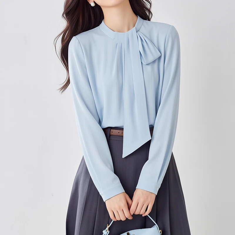

French Ribbon Blouse Women Autumn Winter Office Ladies Long Sleeve Workwear Tops Blue Shirts Stand Collar Casual Satin Shirts