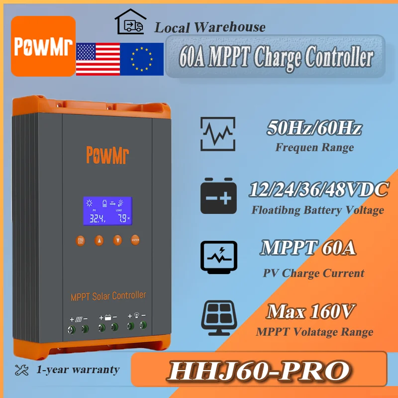 

Контроллер заряда солнечной энергии PowMr MPPT 60A Max PV 160 В Auto 12 В 24 В 36 В 48 В параллельный до 12 единиц для свинцово-кислотной литиевой батареи