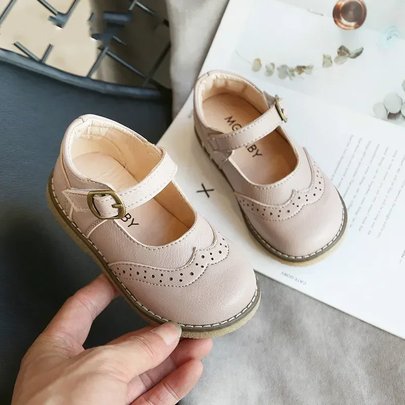 New Kids Shoes Children Princess Shoes Baby Girls Beige Leather Shoes Toddler Fashion Flats Soft Sweet Shoes Party