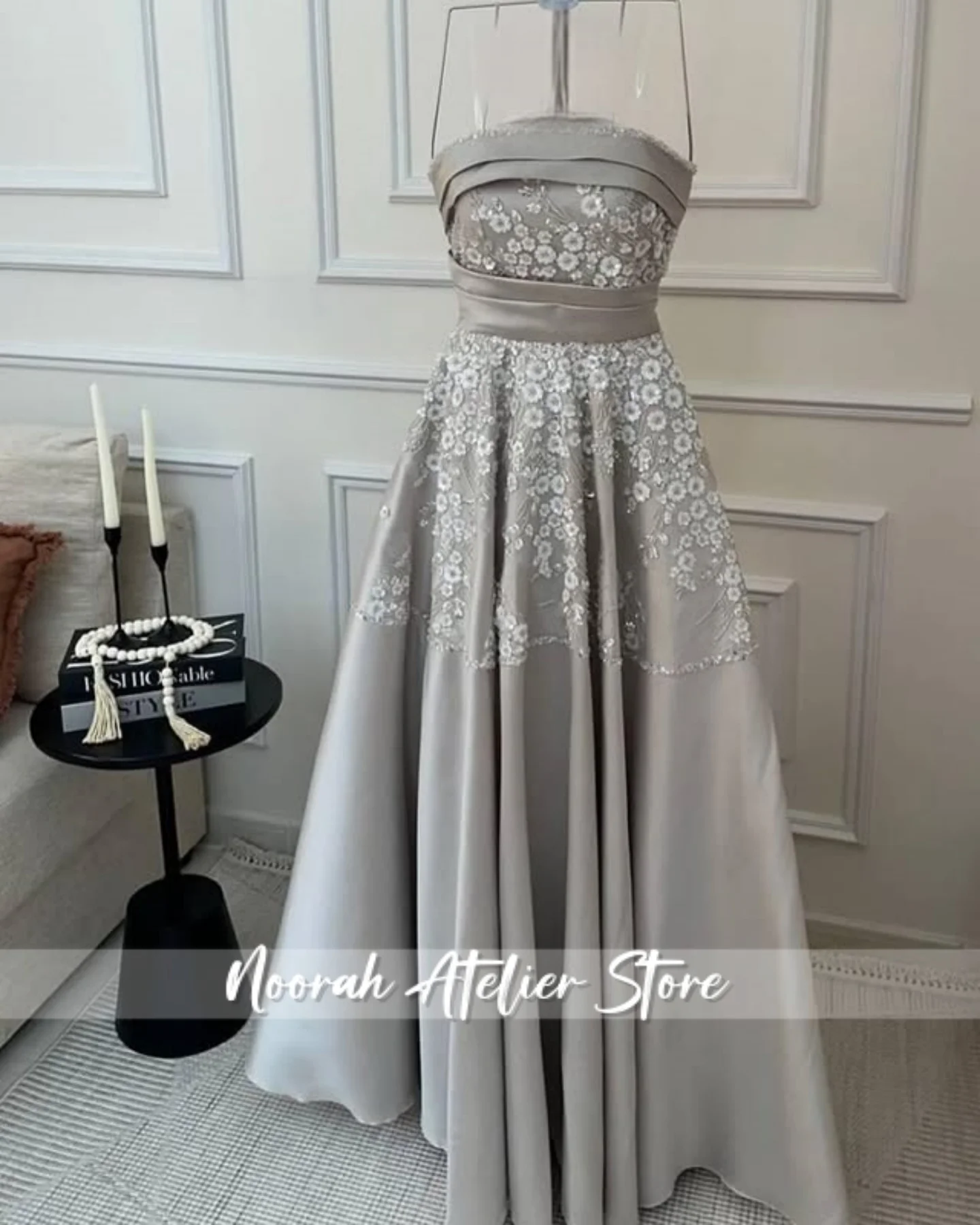 그레이 얼룩 Strapless Aline 럭셔리 여성 이브닝 드레스 2025 여성 두바이 스팽글 꽃 긴 파티 가운 Vestidos 맞춤형