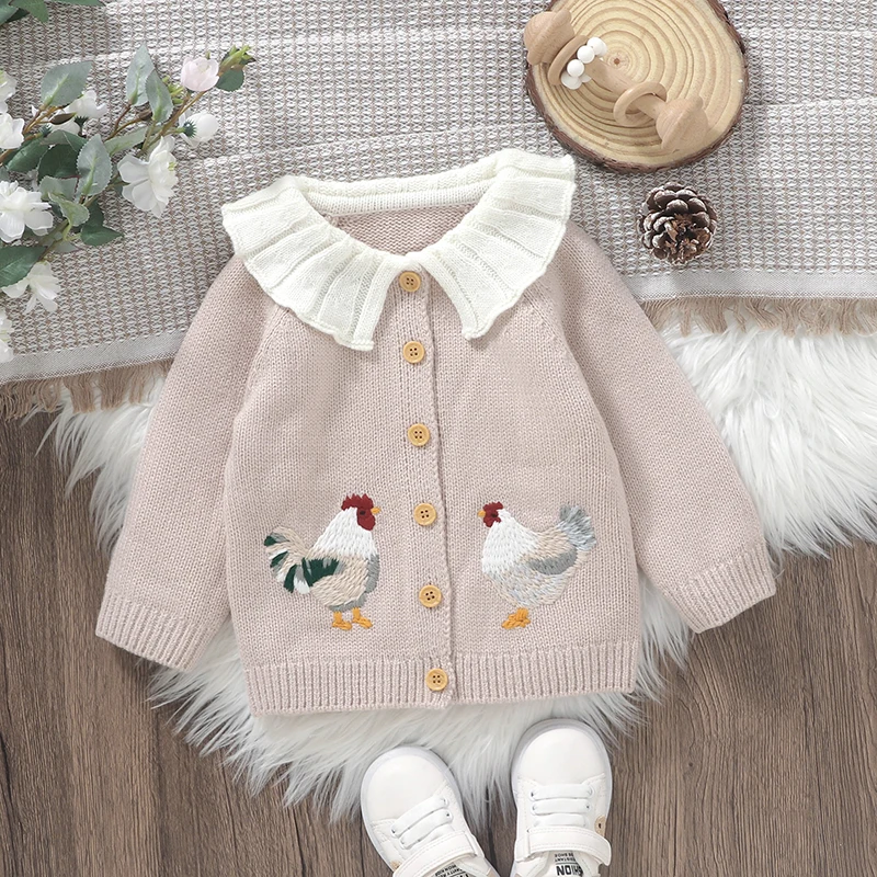 Baby Sweaters Knit Infant Girls Cardigan Long Sleeve Fall Children Clothing Newborn Tops Fashion Cute Embroidered Rooster Winter