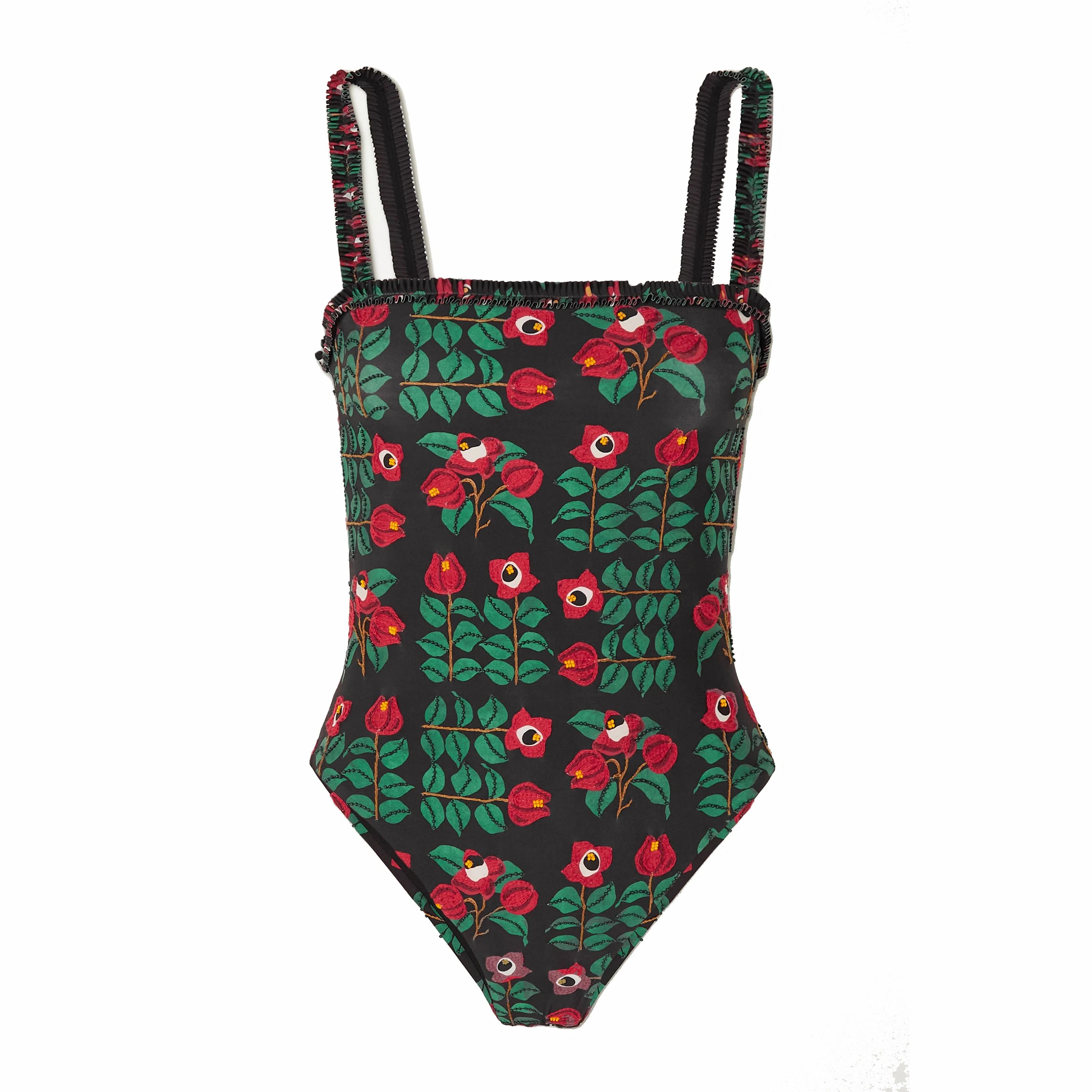 2023 Fashion Women\'s Swimsuit Square Neck Green Vintage Printed Swimwear Backless Monokini Set  Floral Green Beach Dress