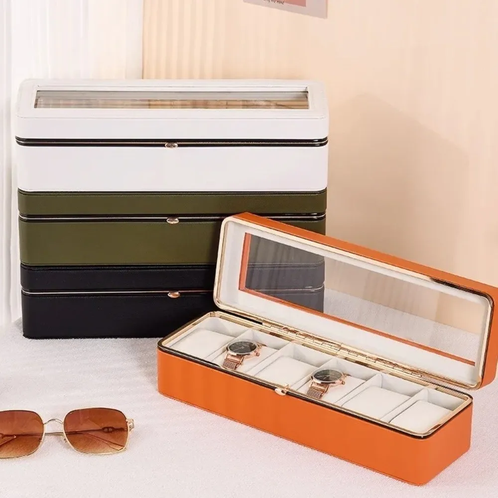 New PU Leather Watch Storage Box 6 Slots Clear Window Watch Display Box Transparent Lid Soft Interior Watch Bracket