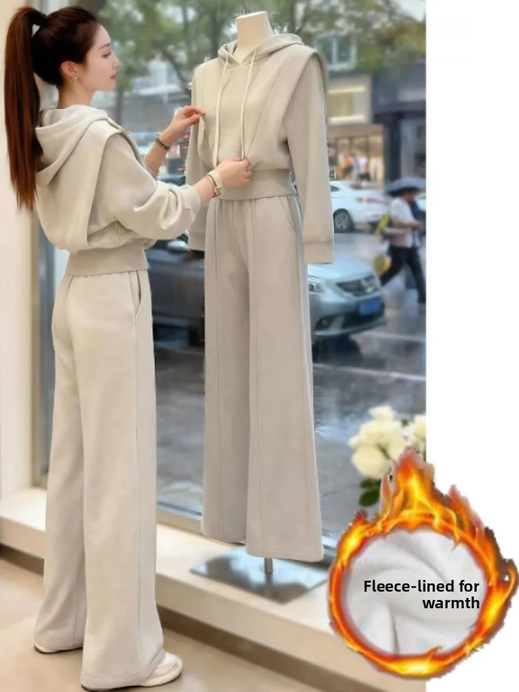 

plus Size Women's Sportswear Set Fleece Lined Thick Wide Leg Pants Hoodie Casual Outfit Two Piece Set Autumn Winter Fashion