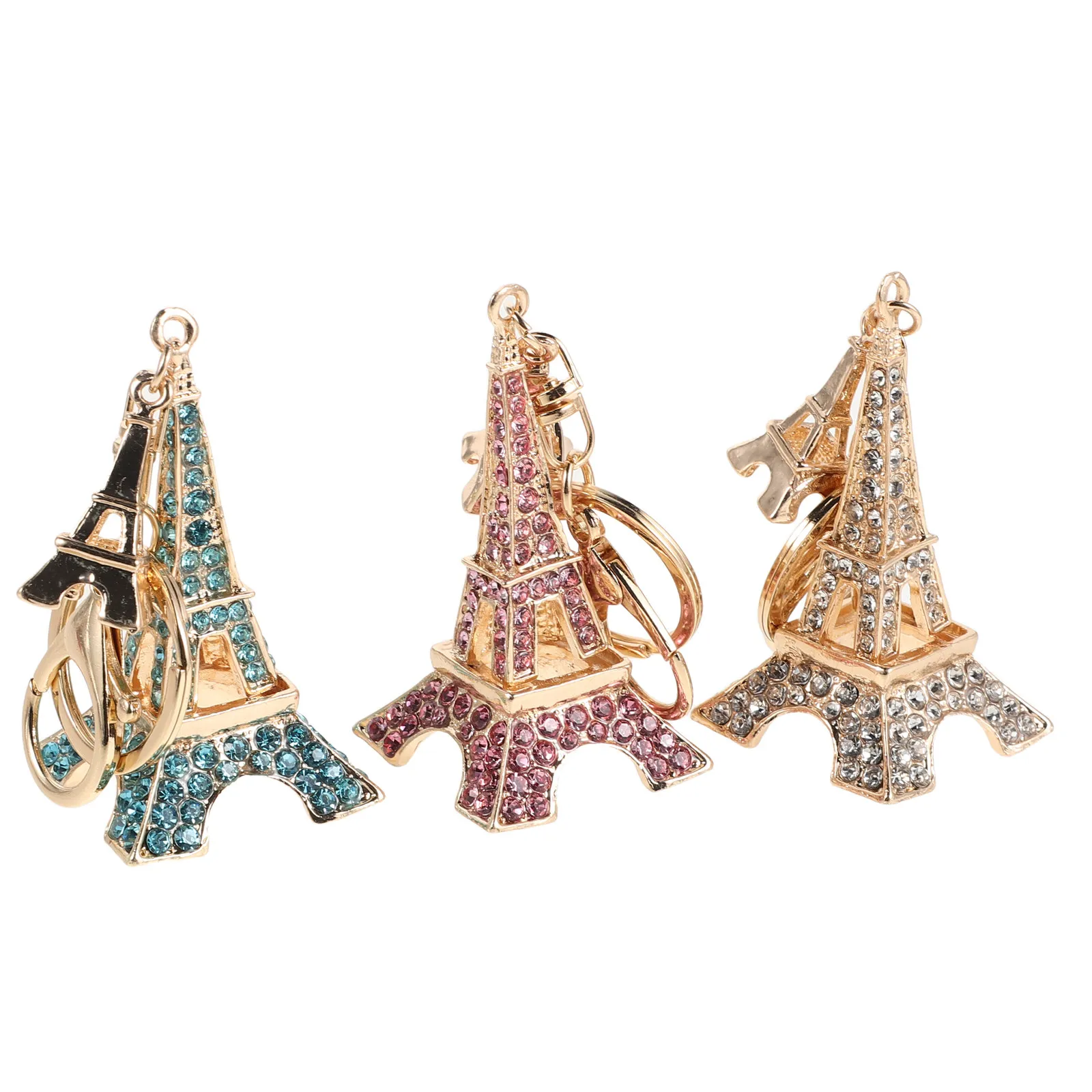 3Pcs Miniature Metal Eiffel Tower Keychain with Dazzling Rhinestones French Souvenir Keepsake Purse Charm Travel Keyring