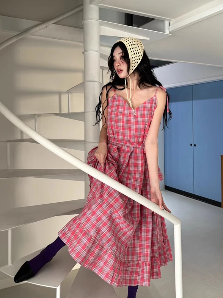 Primavera Verano a cuadros Color bloque Vichy cinturón envolvente falda larga vestido de mujer estilo dulce sin manga vestido...